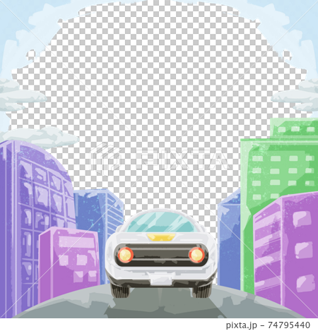 街へ続く道を走る車の風景イラストのイラスト素材