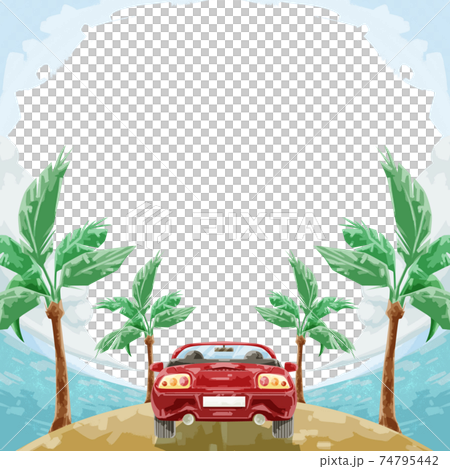 ヤシの木のある海沿いを走る車の風景イラスト 74795442
