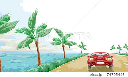 ヤシの木のある海沿いを走る車の風景イラストのイラスト素材