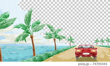 ヤシの木のある海沿いを走る車の風景イラストのイラスト素材