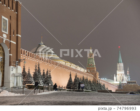 Spasskaya Tower of Moscow Kremlin at Red Square in winter Moscow Russia Spasskaya Tower of Moscow Kremlin at Red Square in winter Moscow Russia 74796993