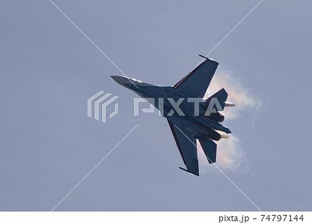 Moscow Russia Zhukovsky Airfield 31 August 2019: aerobatic Su-35 perfoming demonstration flight of the international aerospace salon MAKS-2019 74797144