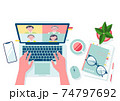テレワーク中の仕事机を上から見たベクターイラスト　コピースペースあり 74797692