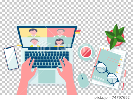 テレワーク中の仕事机を上から見たベクターイラスト　コピースペースあり 74797692