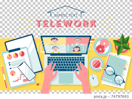 Vector illustration of work desk during telework seen from above with copy space 74797693