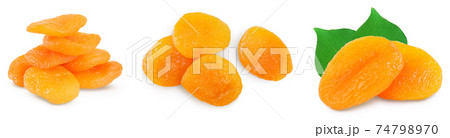 Dried apricots isolated on white background with clipping path and full depth of field. Set or collection 74798970