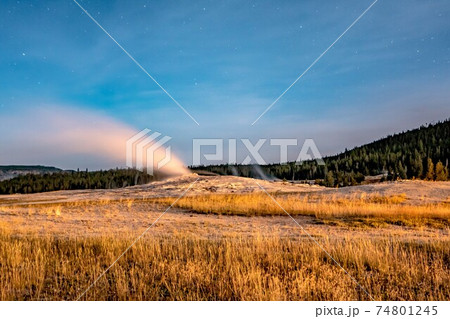 night photo os old faithful geisers in yellowstone national park night photo os old faithful geisers in yellowstone national park 74801245