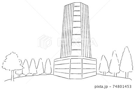 マンションを中心に緑豊かな街並みの手描き線画イラストのイラスト素材