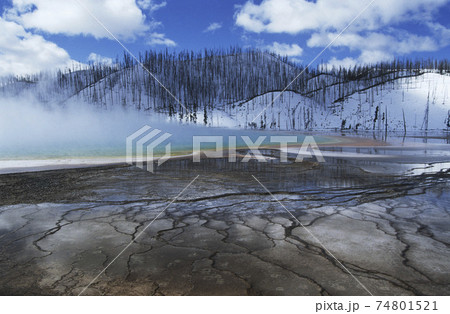 USA, Wyoming, Yellowstone National Park, Grand Prismatic Spring, mist over hot spring in winter landscape 74801521