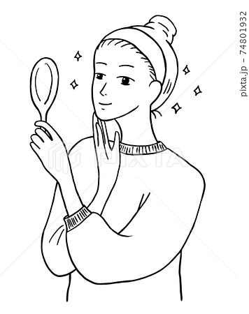 鏡を見て微笑む女性の白黒アニメイラストイメージのイラスト素材