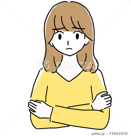 困って腕を組んでいる若い女性の線画イラストのイラスト素材