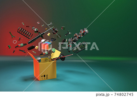 Many spare parts flying out of the box gray background. Isolated auto spare parts on gray background. 3D rendering 74802745