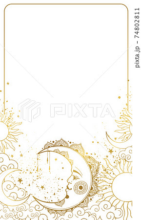 Modern celestial background with a golden crescent moon with face, card for astrology and horoscope, boho natal chart with white copy space. Hand-drawn Vector illustration. 74802811