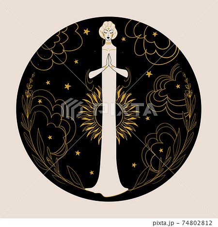 Meditating woman on a night background with the moon, sun, stars and clouds in a round frame. The concept of the mother goddess, spirituality, intuition, esotericism. Vector hand drawn illustration. 74802812