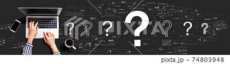 Question marks with person using laptop Question marks with person using laptop 74803948