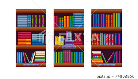 Bookshop racks with bestsellers and sale options. Set for bookstore shelves in cartoon style. Vector illustration Bookshop racks with bestsellers and sale options. Set for bookstore shelves in cartoon style. Vector illustration 74803956