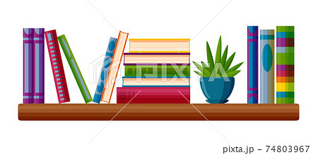 Shelf with book piles. Information point with books and plant in cartoon style. Vector illustration Shelf with book piles. Information point with books and plant in cartoon style. Vector illustration 74803967
