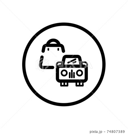 Shopping bag and car. Pick up at the store. Commerce outline icon in a circle. Vector illustration 74807389