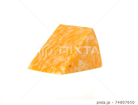 Marble cheese on a white background. Triangle of cheese close-up. 74807650