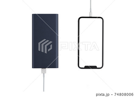 Power bank and smartphone on white background. The smartphone is charging from the power bank. 74808006