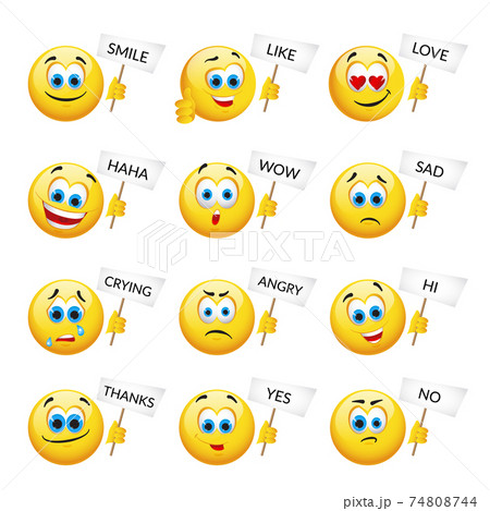 Set of Yellow emoticons and emojis. Vector illustration in realistic style Set of Yellow emoticons and emojis. Vector illustration in realistic style 74808744