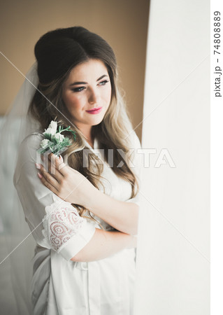 Portrait of beautiful bride with fashion veil at wedding morning Portrait of beautiful bride with fashion veil at wedding morning 74808889