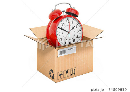 Alarm clock inside cardboard box, delivery concept. 3D rendering Alarm clock inside cardboard box, delivery concept. 3D rendering 74809659