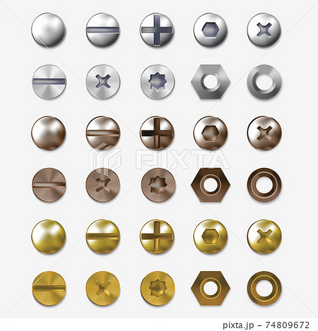 Realistic Detailed 3d Steel or Brass Heads Screws Set. Vector Realistic Detailed 3d Steel or Brass Heads Screws Set. Vector 74809672