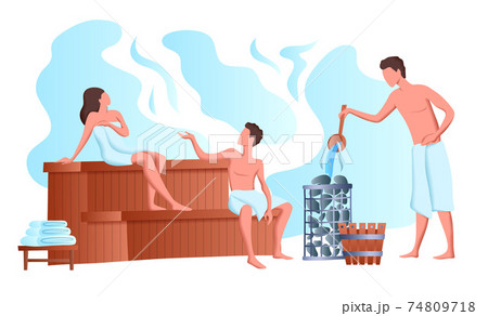 Cartoon Color Characters People and Sauna Bathing Concept. Vector Cartoon Color Characters People and Sauna Bathing Concept. Vector 74809718