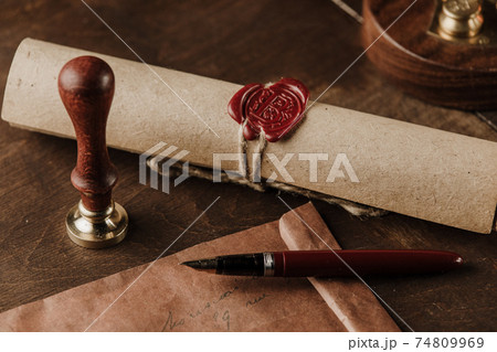 Vintage stamp, envelope and testament. Notary public tools 74809969