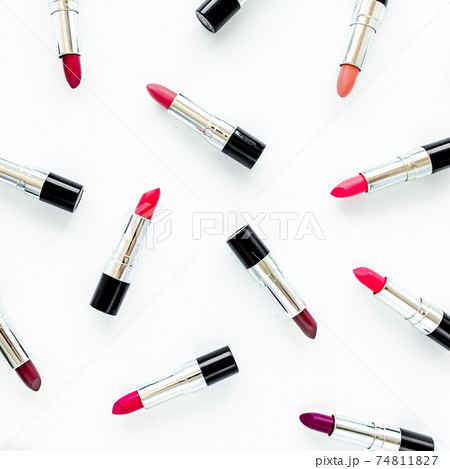 Set of color lipsticks on white background. Professional decorative cosmetics, product pomade for advertising. beauty, fashion. flat lay, top view Set of color lipsticks on white background. Professional decorative cosmetics, product pomade for advertising. beauty, fashion. flat lay, top view 74811827