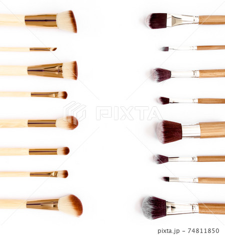 Professional makeup tools. Makeup tools brushes. Flat composition. magazines, social media. Top view. Flat lay. Professional makeup tools. Makeup tools brushes. Flat composition. magazines, social media. Top view. Flat lay. 74811850