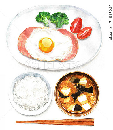 ハムエッグとごはんとお味噌汁 水彩イラスト のイラスト素材