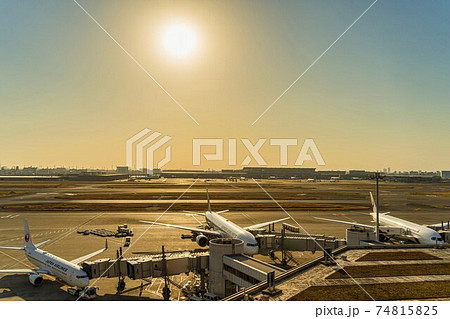 空港の風景　羽田空港第3ターミナルと夕日　東京都大田区 74815825