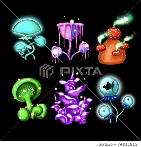 luminescent mushrooms glowing brightly at night. Beautiful fantasy mushrooms set. illustration of magic unusual elements of nature isolated on black background luminescent mushrooms glowing brightly at night. Beautiful fantasy mushrooms set. illustration of magic unusual elements of nature isolated on black background 74815915