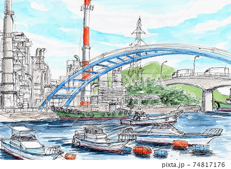 河口に停泊したボート 74817176