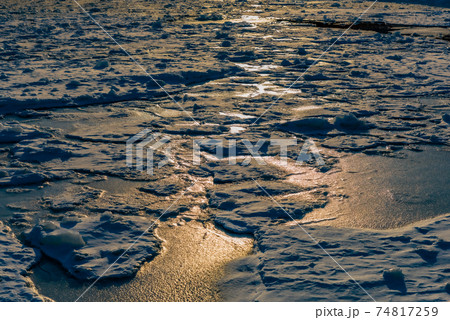 夕日が反射する流氷 74817259