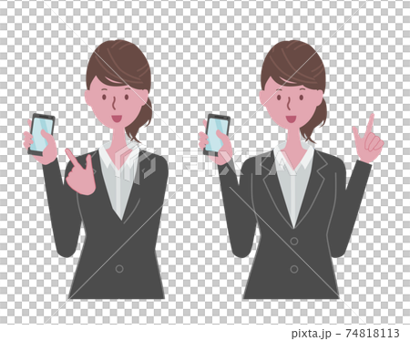 A woman in a black suit with a smartphone A woman in a black suit with a smartphone 74818113