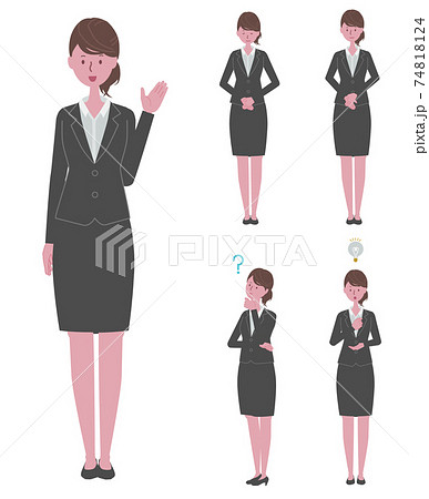（ご案内・お辞儀・納得をする・疑問に思う）黒いスーツを着た女性イラストセット 74818124