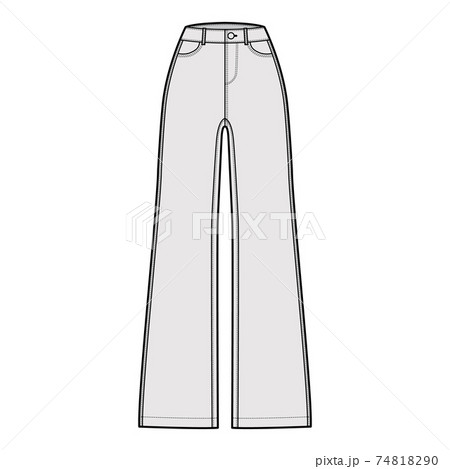 Jeans wide leg Denim pants technical fashion illustration with full length, normal waist, high rise, 5 pockets, Rivets 74818290