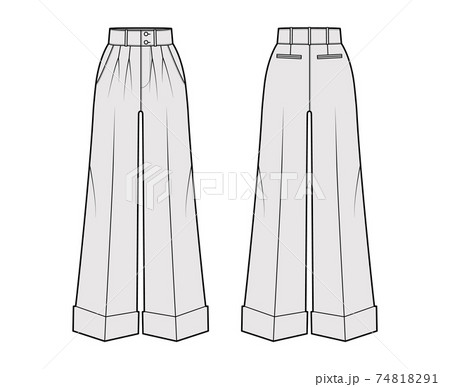 Pants oxford tailored technical fashion illustration with normal low waist, rise, full length, double pleat, pockets.  74818291