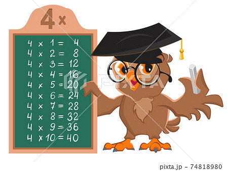 Math lesson multiplication table of 4 by numbers. Owl bird teacher at blackboard shows table of multiplication Math lesson multiplication table of 4 by numbers. Owl bird teacher at blackboard shows table of multiplication 74818980