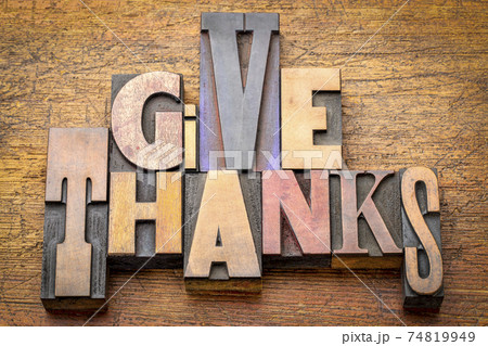 give thanks - word abstract in wood type 74819949