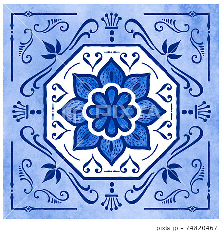 モロッコの伝統的な花柄 ブルーと白のモロッカン アラベスク模様の水彩画のイラスト素材