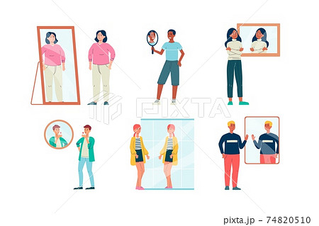 People look at their reflection in mirror, flat vector illustration isolated. 74820510