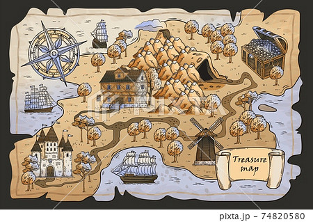 Hand Drawn Treasure Map From Pirate Fantasy Stock Illustration