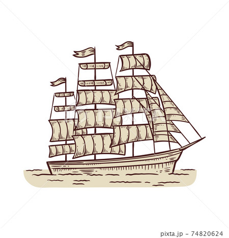 Brigantine sailing vessel or sails ship, engraving vector illustration isolated. 74820624