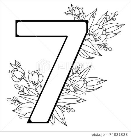 Flower number Seven. Decorative pattern 7 with flowers, tulips, buds and leaves. Vector illustration isolated on white background. Line, outline 74821328