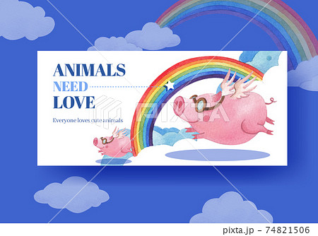 Billboard template with happy animals concept design watercolor illustration 74821506