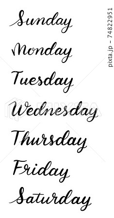 7 days, Sunday, Monday, Tuesday, Wednesday, Thursday, Friday, Saturday on  the white background with little flowers, hand-written, font style,  lettering, calligraphy Stock Vector